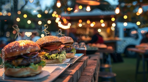 Gourmet burgers on display at a night food market, bokeh lights in the background. Street food and dining concept