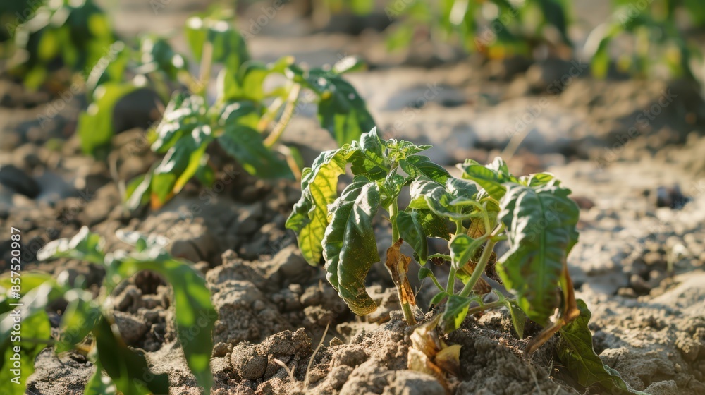 Obraz premium Withering garden plants with drooping leaves and dry soil, indicating extreme heat and lack of water.