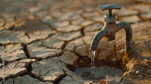 Climate change problem waterless tap in dry earth area in summer time.
