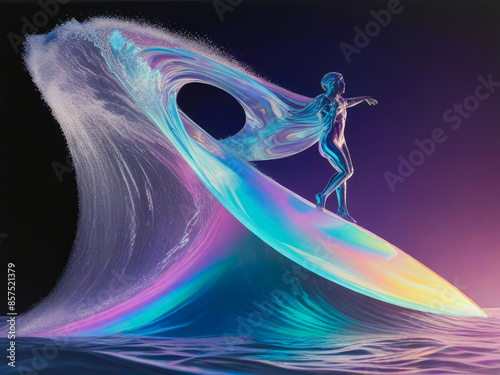 Bodysurfer on wave glass holographic decor. photo