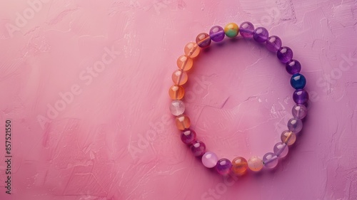 Beaded bracelet with colorful semi-precious stones on pink textured background photo