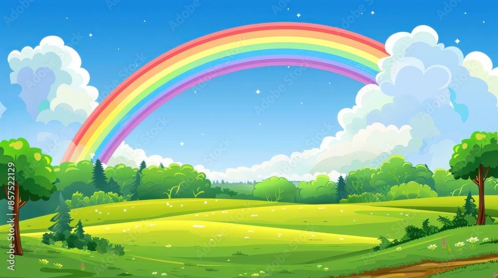 A rainbow is seen in the sky above a mountain range. The sky is mostly cloudy, but the rainbow is bright and colorful, creating a sense of hope and wonder