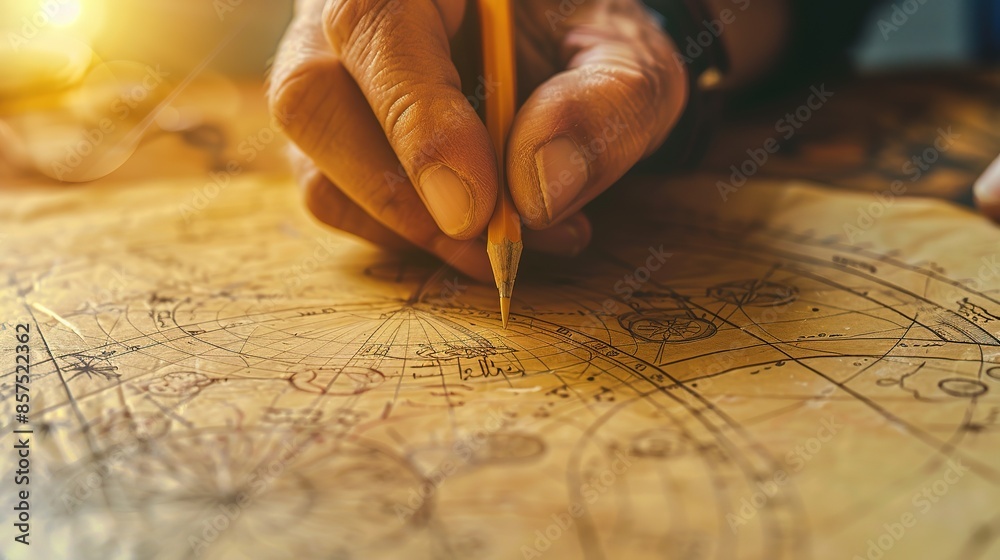 An_astrologer_draws_with_a_pencil_on_a_natal_chart. generative ai image