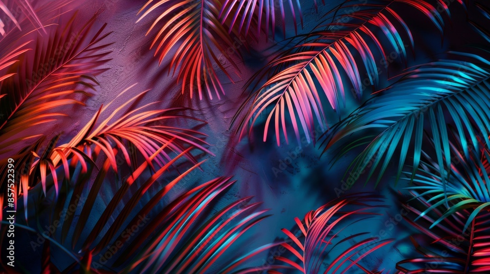 A background image of neon illuminating palm leaves with sand behind A background image of neon illuminating palm leaves with sand behind