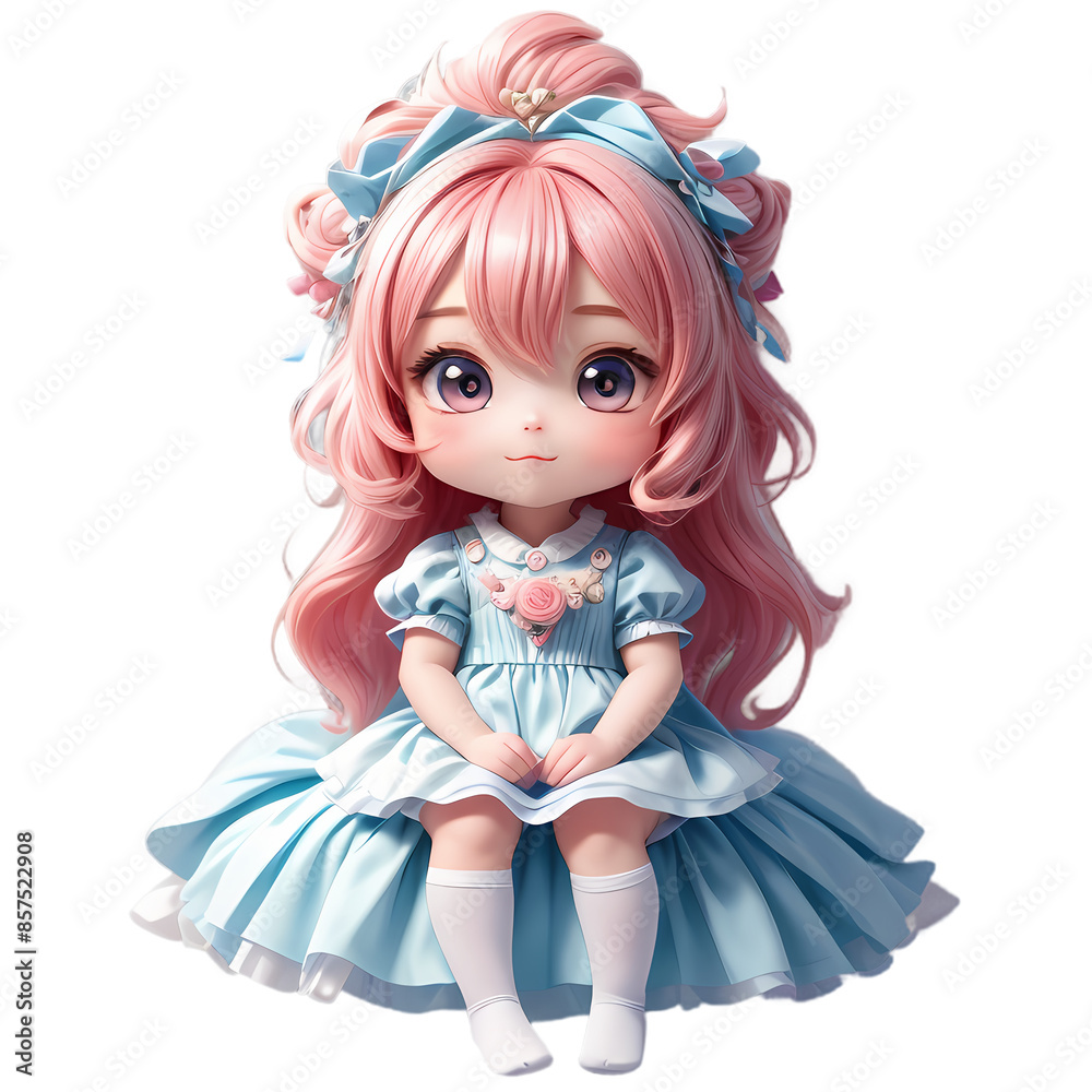 Delightful chibi character with long, flowing pink hair adorned with blue ribbons, sitting demurely in a light blue, frilly dress Delightful chibi character with long, flowing pink hair adorned with blue ribbons, sitting demurely in a light blue, frilly dress