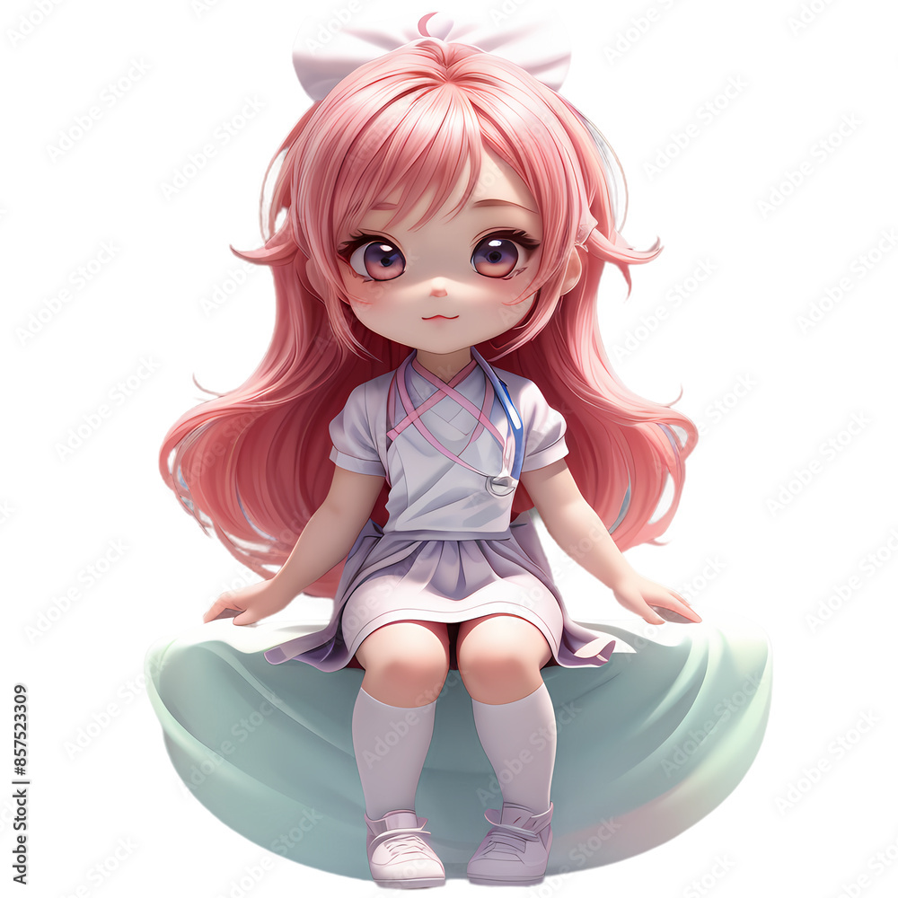 Adorable chibi character dressed as a nurse with pink hair styled in pigtails and large, expressive pink eyes. Adorable chibi character dressed as a nurse with pink hair styled in pigtails and large, expressive pink eyes.