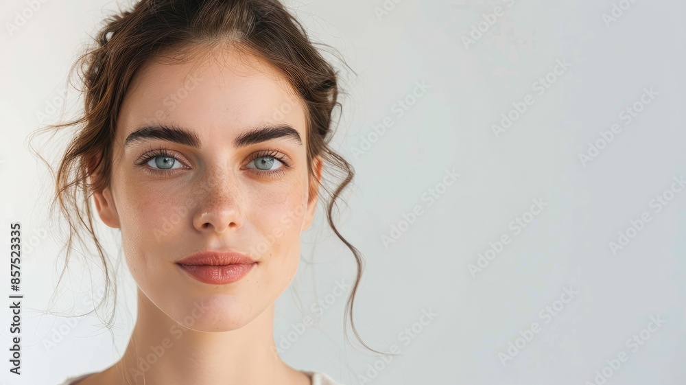 Young woman with blue eyes and wavy brown hair, wearing light makeup, looking at camera Young woman with blue eyes and wavy brown hair, wearing light makeup, looking at camera
