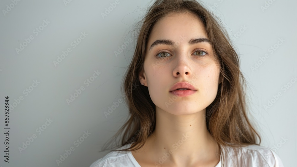 Young woman with fair skin and brown hair, neutral expression Young woman with fair skin and brown hair, neutral expression