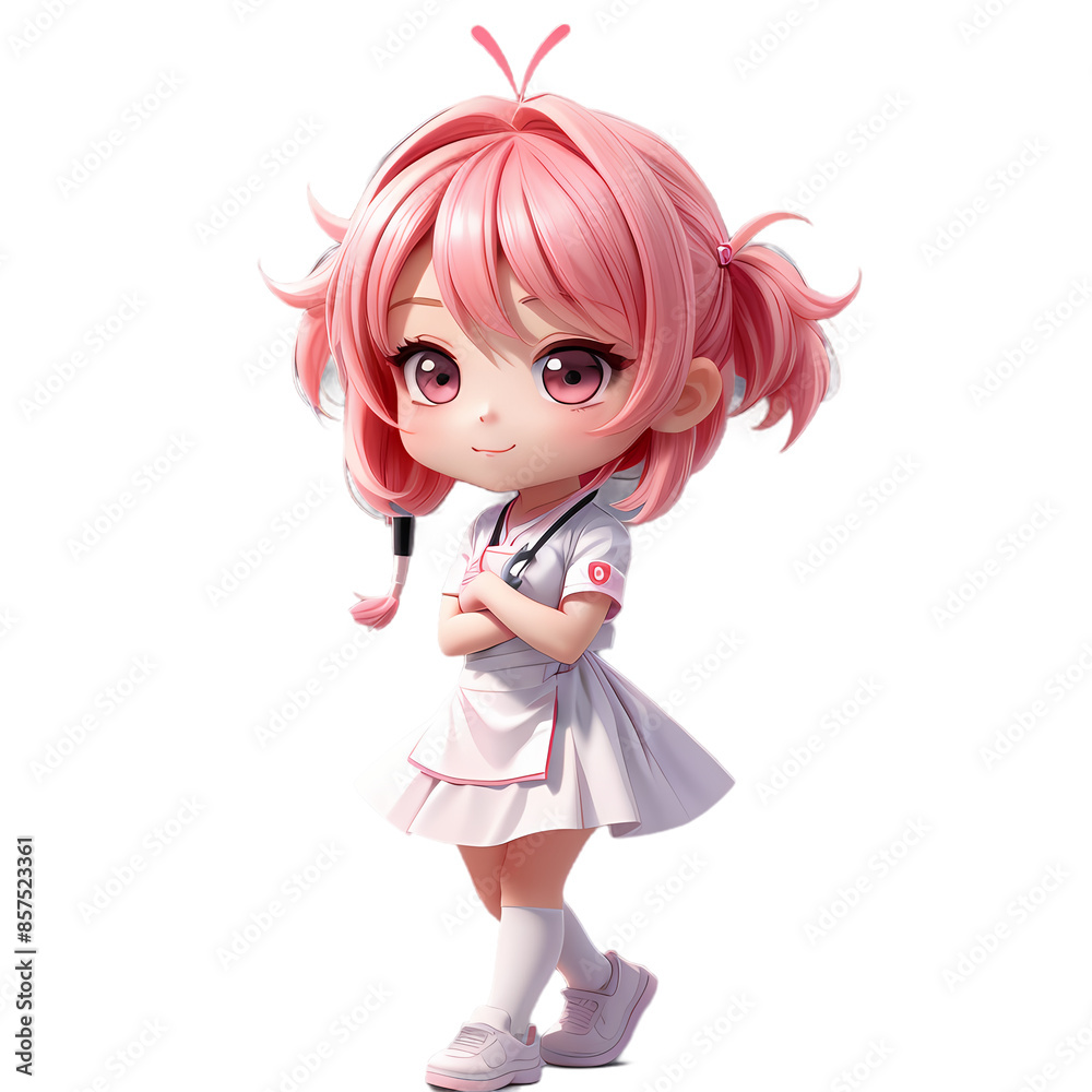 Adorable chibi character dressed as a nurse with pink hair styled in pigtails and large, expressive pink eyes. Adorable chibi character dressed as a nurse with pink hair styled in pigtails and large, expressive pink eyes.