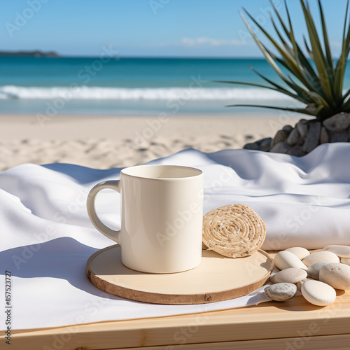 Close-up photo of white thermal mug on beach . On the background there is sea, beach, sun and blue sky.