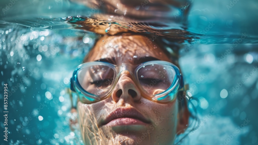 Fototapeta premium A woman is swimming in a pool wearing goggles
