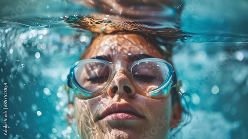 A woman is swimming in a pool wearing goggles © G-Media
