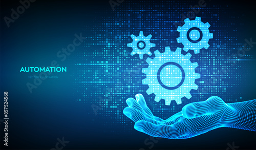 Automation and IOT software concept. Gears icons made with binary code in wireframe hand. Digital binary data and streaming digital code. Matrix background with digits 1.0. Vector Illustration.