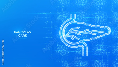 Pancreas icon. Pancreas health, care and protection. Treatment of pancreatic diseases, acute and chronic pancreatitis. Blue medical background made with cross shape symbol. Vector illustration.