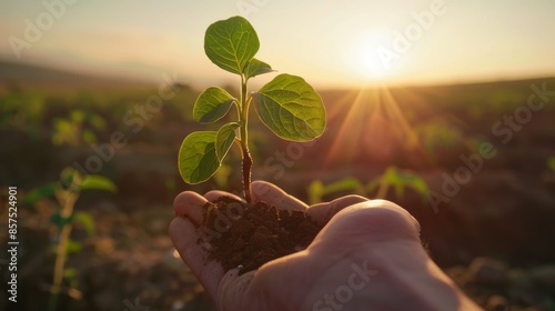 Hand holding small plant seedling in soil outdoors at sunset, sustainable agriculture concept