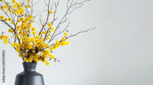 A vase with mimosa and acacia flowers on a white background in Japan