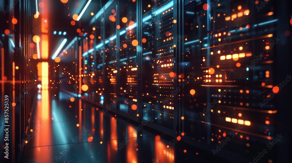 The image shows a modern data center with rows of server racks. The servers are lit up and there are blinking lights. Generative AI