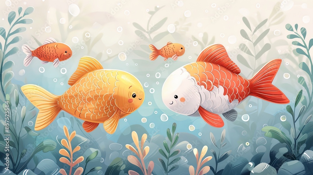 An enchanting illustration of a family of colorful fishes, including a large white and orange fish, and smaller ones, swimming together happily in a serene aquatic environment. An enchanting illustration of a family of colorful fishes, including a large white and orange fish, and smaller ones, swimming together happily in a serene aquatic environment.