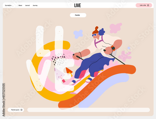 Life Unframed: Skier -modern flat vector concept illustration of skier races down slope of rainbow. A metaphor of unpredictability, imagination, whimsy, cycle of existence, play, growth and discovery