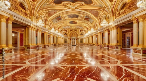A_royal_ballroom_with_a_golden_ceiling_and_red_marble_floor_ai_generated_high_quality_image