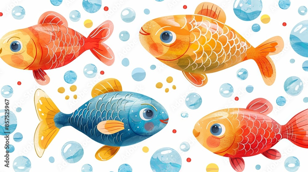 Five fish with varying colors and intricate patterns swim together amidst a playful background filled with bubbles and colorful spots, exuding energy and movement. Five fish with varying colors and intricate patterns swim together amidst a playful background filled with bubbles and colorful spots, exuding energy and movement.