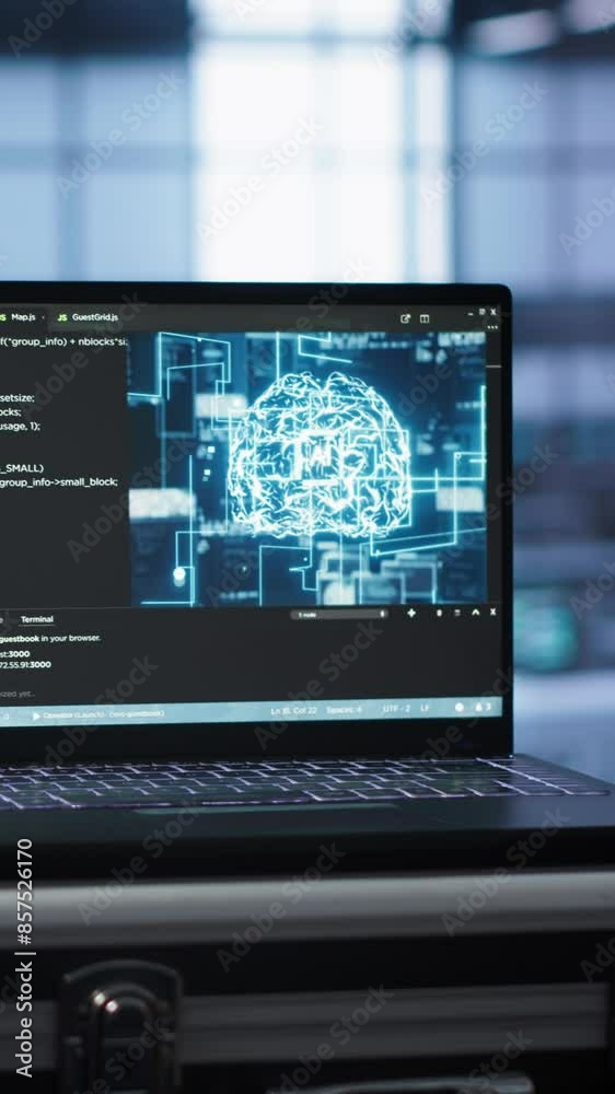 Vertical video Laptop in data center facility with artificial intelligence computing simulating human brain, handheld camera shot. Close up of device displaying AI machine learning algorithms in Vertical video Laptop in data center facility with artificial intelligence computing simulating human brain, handheld camera shot. Close up of device displaying AI machine learning algorithms in