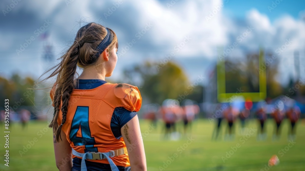 Fototapeta premium Flag football girl running with football