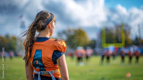 Flag football girl running with football