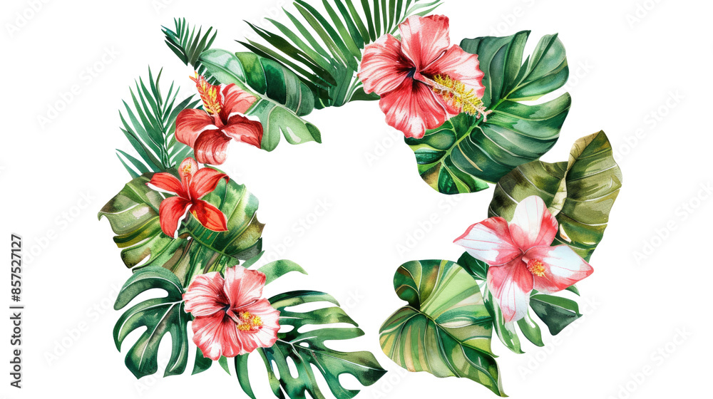 Tropical wreath of plants flowers and exotic leaves on a transparent background Tropical wreath of plants flowers and exotic leaves on a transparent background