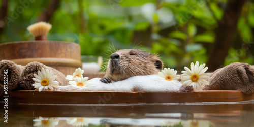 A relaxed beaver indulges in a spa experience, nestled amongst daisies and bath towels, capturing a serene moment of pampering and tranquility in an outdoor setting. photo