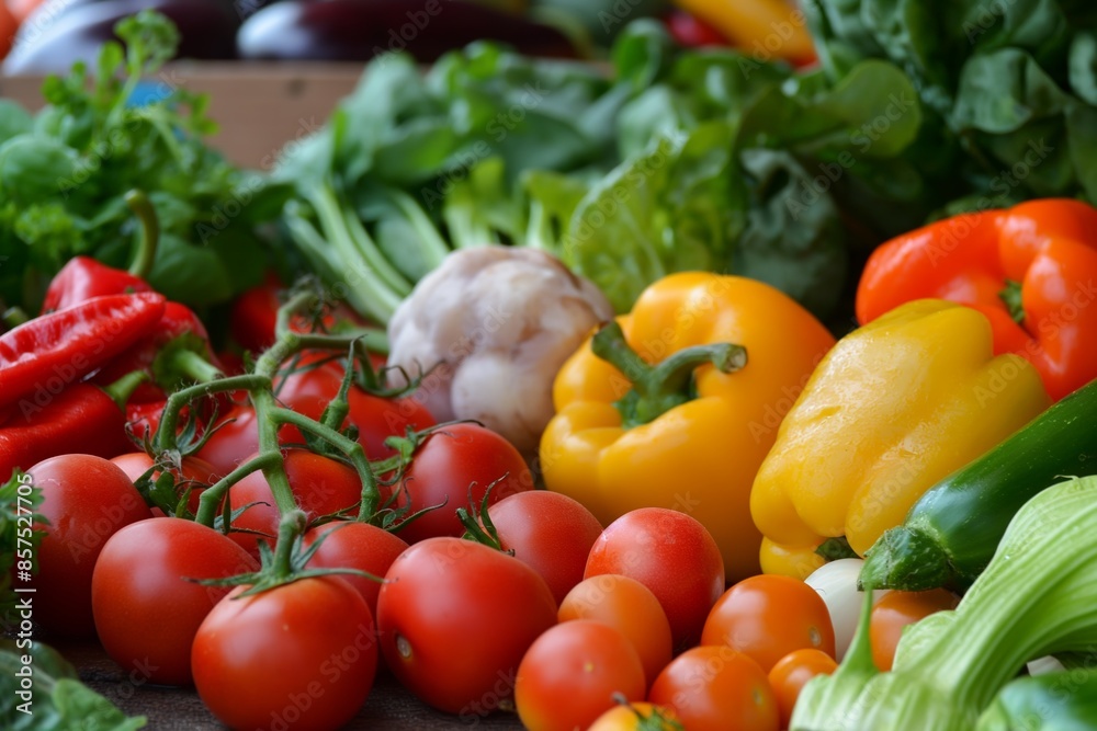An inviting array of fresh vegetables including tomatoes, bell peppers, lettuce, and cucumbers, artistically displayed on a wooden surface, showcasing nature’s bounty and healthy choices. An inviting array of fresh vegetables including tomatoes, bell peppers, lettuce, and cucumbers, artistically displayed on a wooden surface, showcasing nature’s bounty and healthy choices.