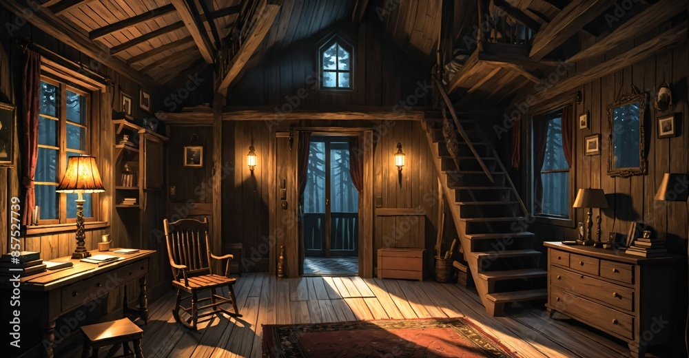 interior of modern cabin living room in secluded forest woods. furniture interior design and decor of mansion house lodge with glass window walls and wood floor roof. interior of modern cabin living room in secluded forest woods. furniture interior design and decor of mansion house lodge with glass window walls and wood floor roof.