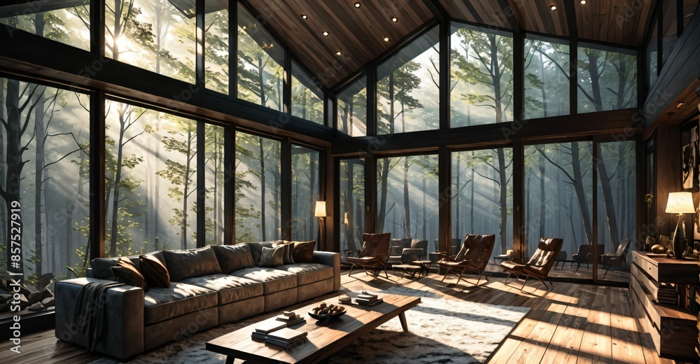 interior of modern cabin living room in secluded forest woods. interior ...