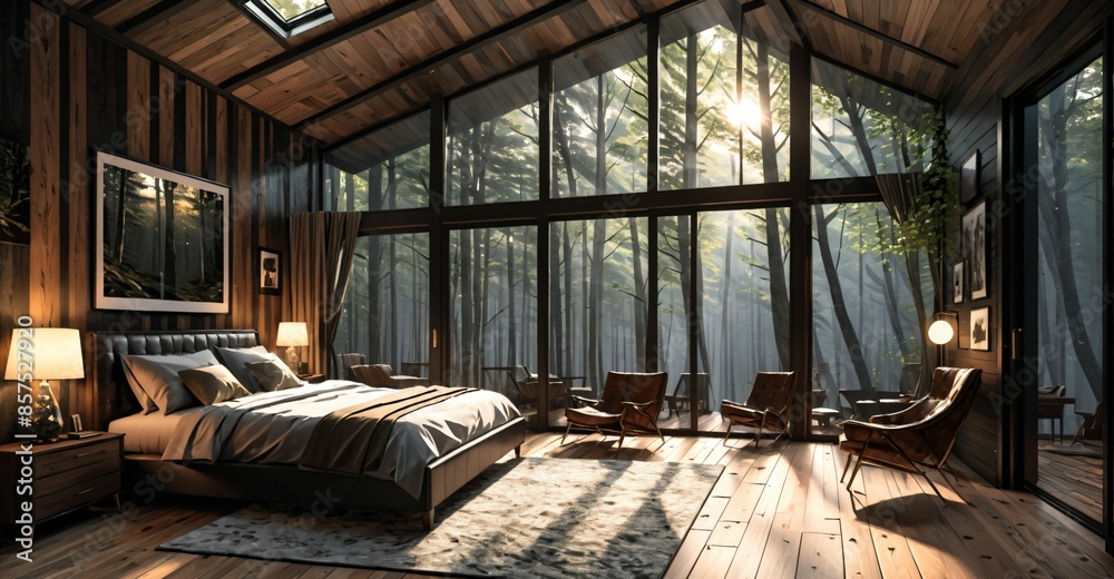 interior of modern cabin bed room in secluded forest woods. interior ...