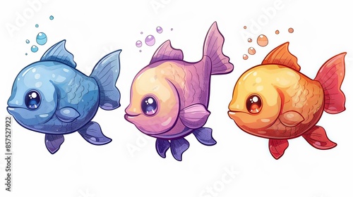 Illustration of three cartoon-like fish, each in blue, purple, and orange, swimming amongst bubbles on a white background. Perfect for cheerful and fun designs. photo