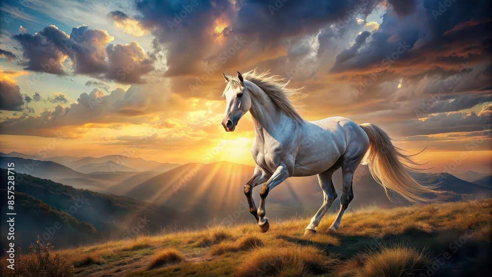Digital of a majestic horse in a stunning scene, horse, animal, wildlife, nature, digital art, realistic, national geographic, landscape, beautiful, wild, gallop, running, mane, tail, grass Digital of a majestic horse in a stunning scene, horse, animal, wildlife, nature, digital art, realistic, national geographic, landscape, beautiful, wild, gallop, running, mane, tail, grass