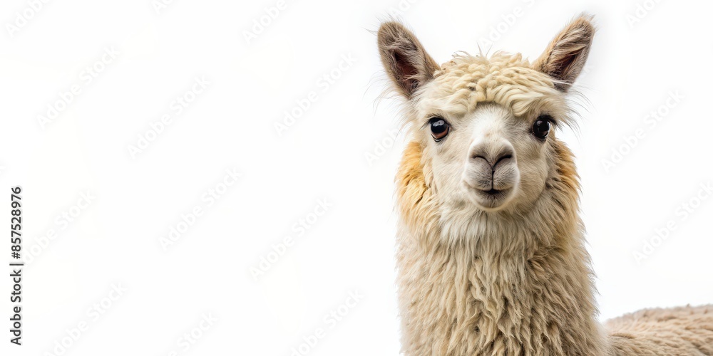 Fototapeta premium Alpaca isolated on white background, Alpaca, fluffy, animal, cute, llama, woolly, domestic, herbivore, mammal, South America, white, isolated, fur, livestock, fluffy, adorable, farm, furry