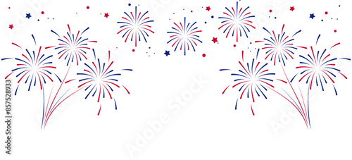 Fireworks Fourth of July.Border with fireworks and red , blue stars , sparks . United states of america independence day fireworks. Red, blue fireworks for 4th of July .