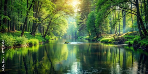 A realistic AI-generated image of a serene forest landscape with a tranquil river running through it , nature, forest, river, trees, foliage, peaceful, serene, landscape, scenic, tranquil