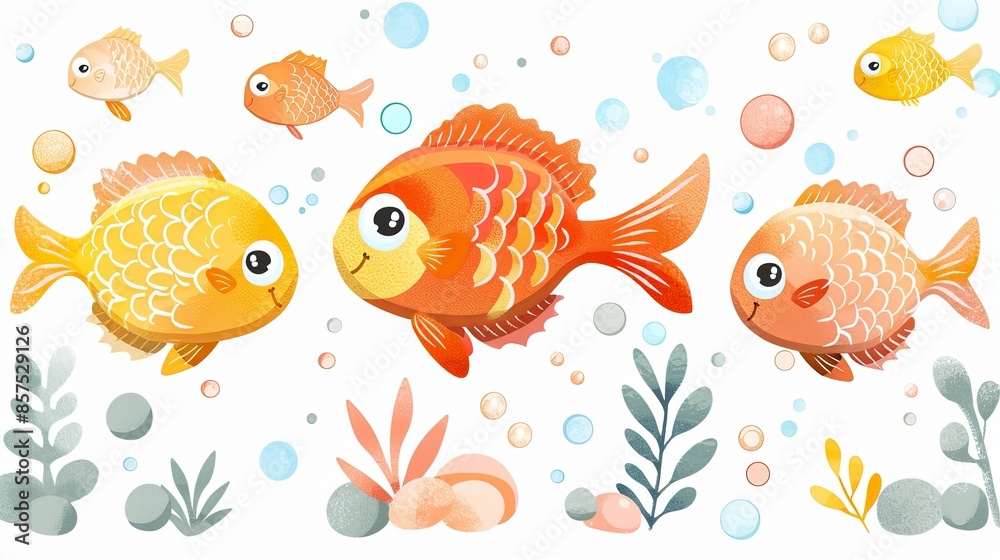 A delightful portrayal of a group of cartoon fish swimming together in the ocean water, with cheerful expressions and colorful scales, among bubbles and aquatic plants. A delightful portrayal of a group of cartoon fish swimming together in the ocean water, with cheerful expressions and colorful scales, among bubbles and aquatic plants.