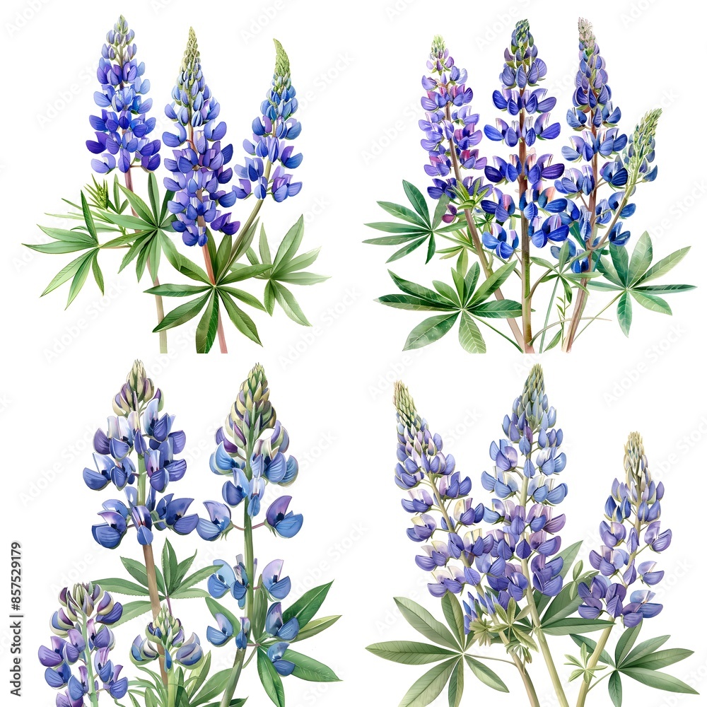Naklejka premium Lupine (Lupinus spp.) Poisonous Plant Collection in Watercolor illustration On White Background