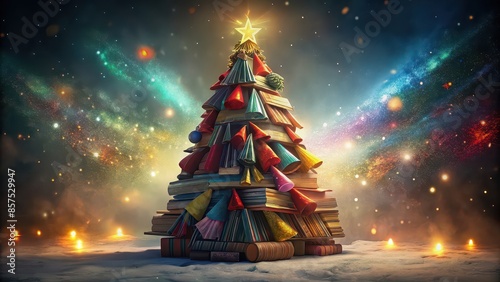 A Christmas tree made of vintage books with colorful fabric covers , Christmas, New Year, education, book publishing, reading, vintage, festive, holiday, decorations, creative, literature photo