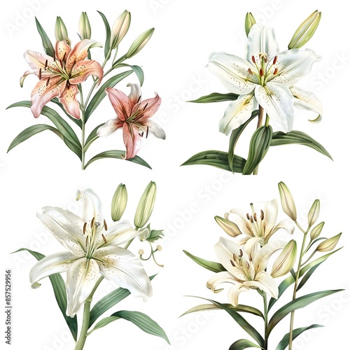 Collection of oriental stargazer lilies with flowers, buds and leaves, Watercolor illustration On White Background