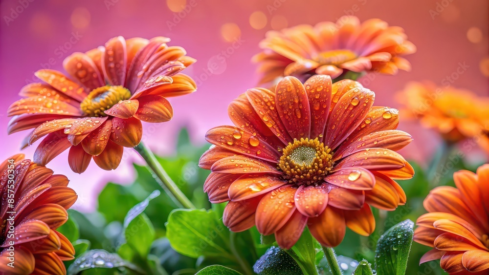 Vibrant orange flowers with water droplets on green leaves against soft pink background, nature, floral, vibrant, orange, flowers, leaves, green, water droplets, soft pink, background Vibrant orange flowers with water droplets on green leaves against soft pink background, nature, floral, vibrant, orange, flowers, leaves, green, water droplets, soft pink, background