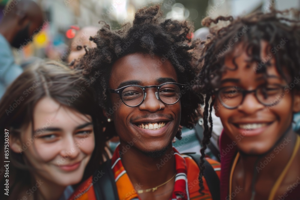 Group of friends having fun together in the city. Young african american man with dreadlocks and glasses.