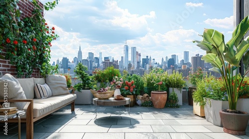 Penthouse terrace with view in New York, generative ai