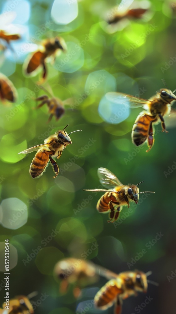 Honeybees in flight with green bokeh background, nature macro photography. Wildlife and insect life concept Honeybees in flight with green bokeh background, nature macro photography. Wildlife and insect life concept