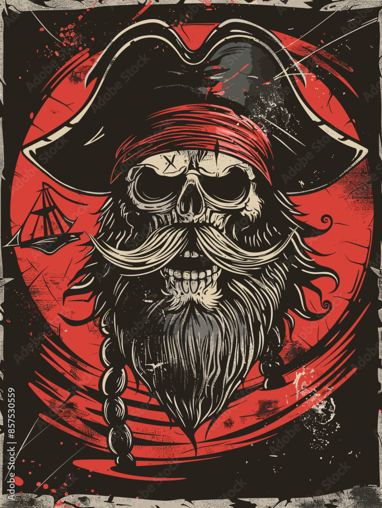 A pirate with a skull on his face and a red bandana around his neck. The image has a vintage and creepy vibe, with the skull A pirate with a skull on his face and a red bandana around his neck. The image has a vintage and creepy vibe, with the skull