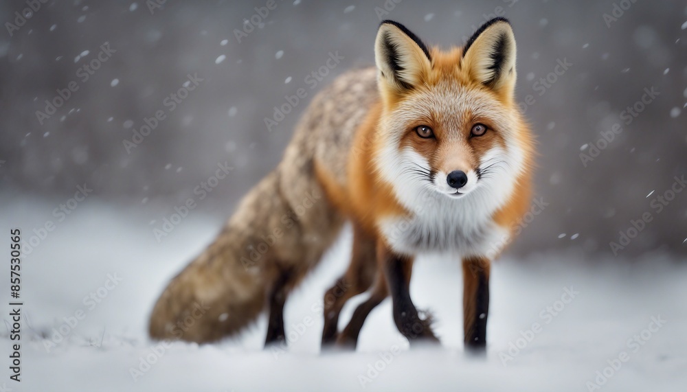A red fox running through a snowy landscape with its ears perked up and looking back at something behind it. A red fox running through a snowy landscape with its ears perked up and looking back at something behind it.
