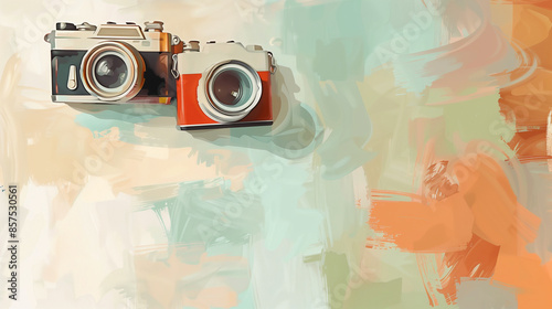 Two vintage cameras hanging on an artistic wall